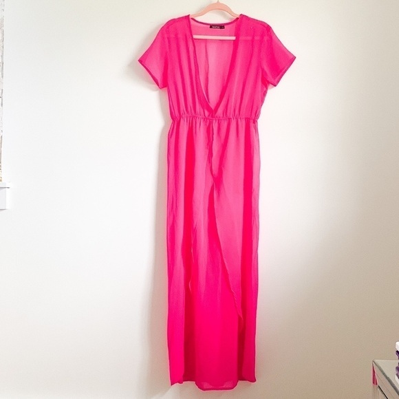 Boohoo Sheer Deep V Neck Pink Short Sleeved Swim Cover Up - Picture 2 of 7